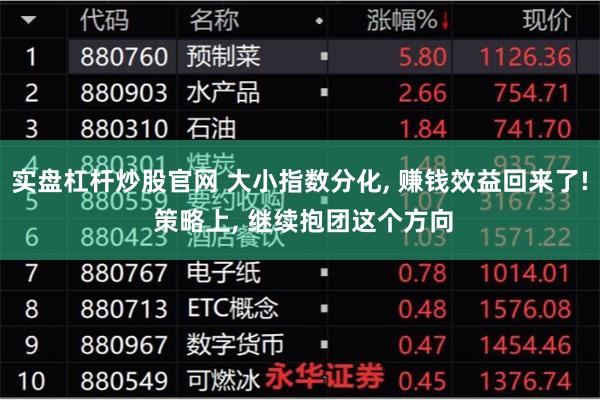 实盘杠杆炒股官网 大小指数分化, 赚钱效益回来了! 策略上, 继续抱团这个方向